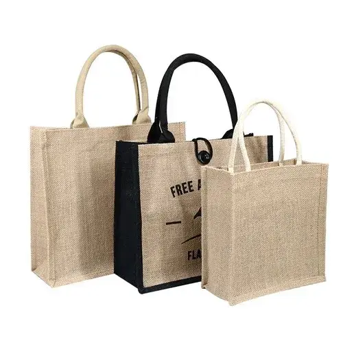 Three jute tote bags in natural, black and cream, showing laminated and unlaminated finishes
