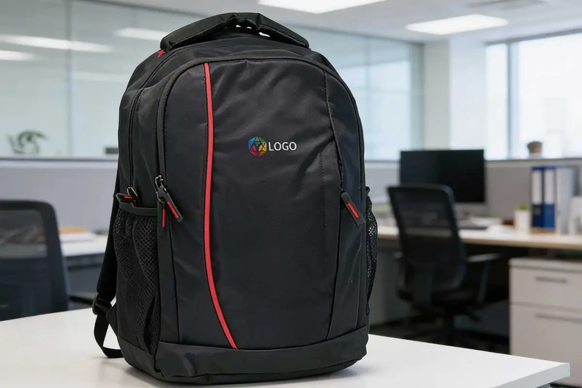 Black laptop backpack with a logo embroidered on the front panel, shown in an office
